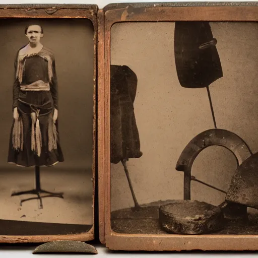 Image similar to Tintype photograph of primitive objects displayed in an ethnographic museum, archive material, anthropology, 1920s studio lighting.