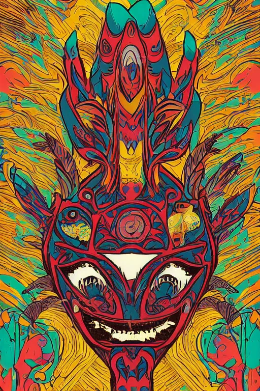 Image similar to animal mask totem roots flower tribal feather gemstone plant wood rock shaman vodoo video game vector cutout illustration vivid multicolor borderlands comics by josan gonzales and dan mumford radiating a glowing aura