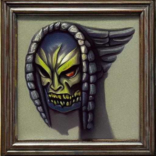 Image similar to polished rectangular round edged stone with demon wings and a barely visible demon face, oil painting, detailed