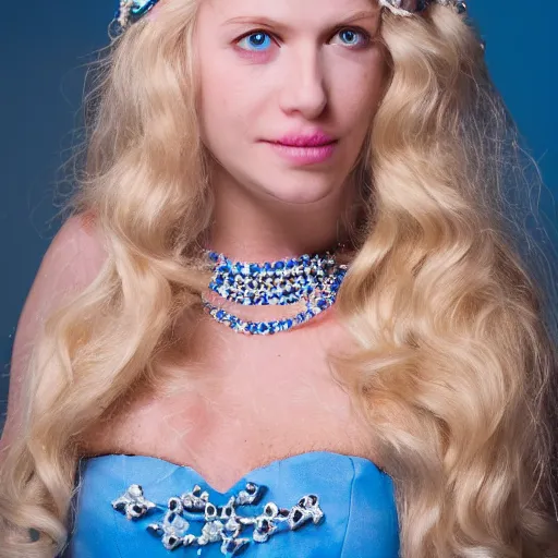 Image similar to close up headshot of a princess with long blonde hair and blue eyes wearing a strapless elaborately beaded pink dress, high resolution film still, 8k, HDR color, film by Simon Langton and David Frankel, triangular face, freckles, narrow chin