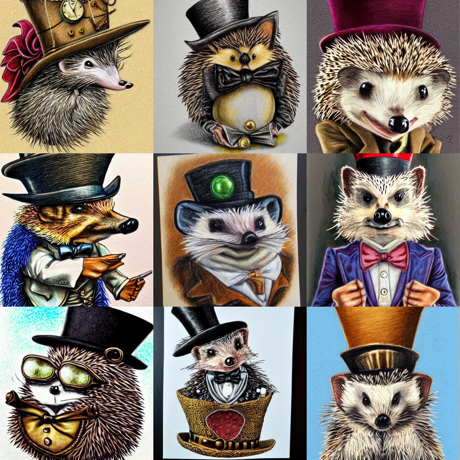Prompt: hedgehog wearing a top hat, steampunk, portrait, colored pencil art, detailed, intricate