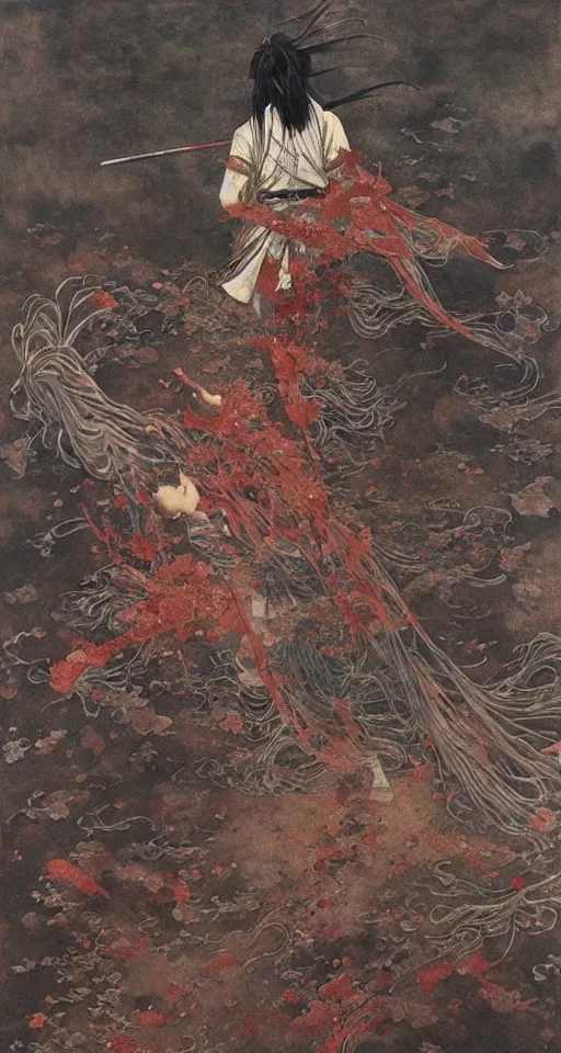 Image similar to Japanese schoolgirl runs away from Samurai with a katana on the subway, high detailed Beksinski painting, part by Adrian Ghenie and Gerhard Richter. art by Takato Yamamoto. masterpiece