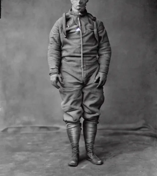 Prompt: man in a anti-radiation suit, ww1 film photo, grainy, high detail, high resolution