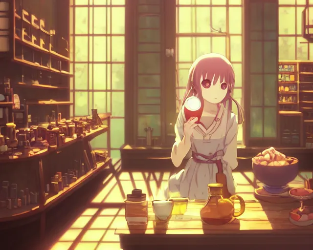 Prompt: anime visual, portrait of a young female traveler drinking a potion in a alchemist's shop interior, cute face by yoh yoshinari, katsura masakazu, cinematic lut, cool studio lighting, dynamic pose, dynamic perspective, strong silhouette, anime cels, ilya kuvshinov, cel shaded, crisp and sharp, rounded eyes, moody