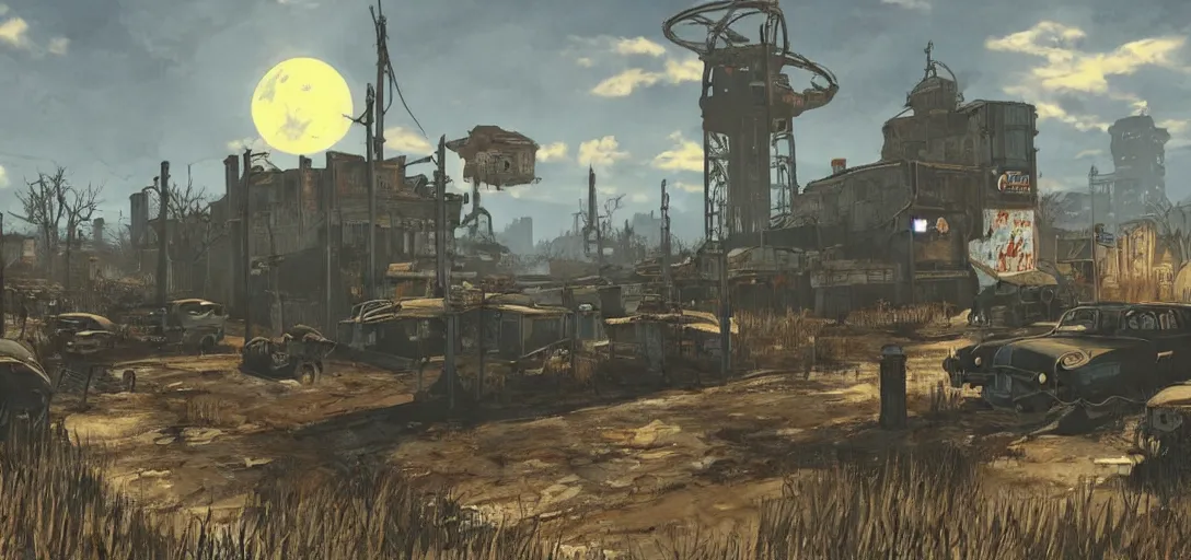 Image similar to Fallout 4, painting by Hiroshi Yoshida style