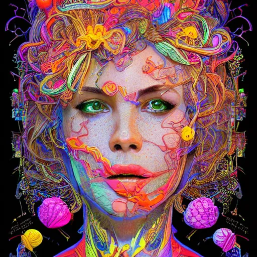 Image similar to the head of a ridiculously beautiful and pretty woman partially made of onion rings of all colors looking up, an ultrafine detailed illustration by james jean, final fantasy, intricate linework, bright colors, behance contest winner, vanitas, angular, altermodern, unreal engine 5 highly rendered, global illumination, radiant light, detailed and intricate environment