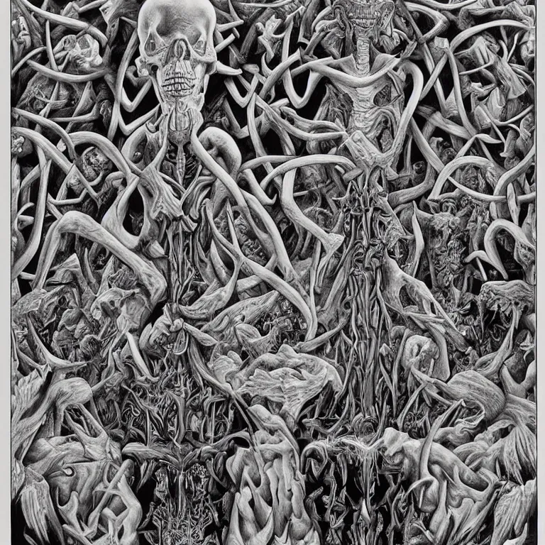 Image similar to meaning of death by Alex Grey and M. C. Escher collaboration