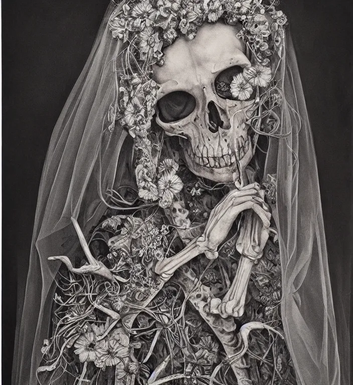 Prompt: portrait of a Bride's skeleton in veil with floral pattern by Laurie Lipton, high detailed, realistic,dark surrealism, hyper detailed