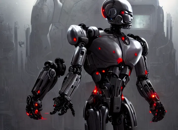 Image similar to cyborg, borg, android, strogg, face of a man, body of a robot, droid, robocop, cable, victor stone, ultron, terminator, machine, flesh, quake, doom demon, wolfenstein, monster, octane render, from an anime movie, symmetry, symmetrical, concept art by ruan jia and greg rutkowski