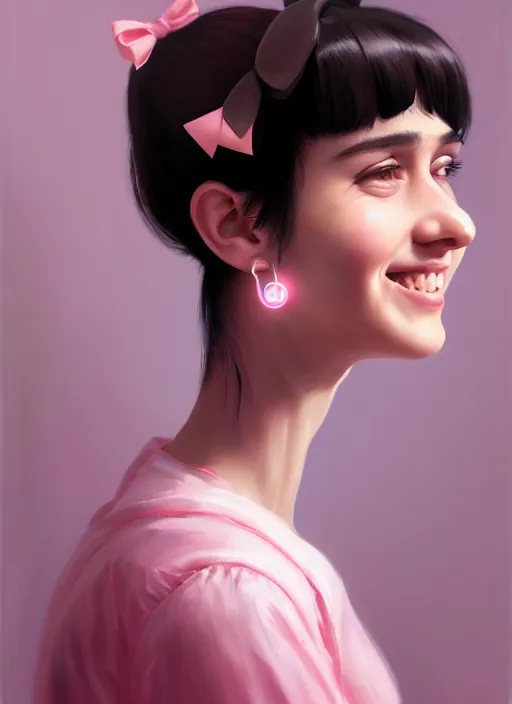 Image similar to portrait of teenage girl, realistic, black hair, bangs, half updo hairstyle, pointy nose, skinny, smile, ugly, defined jawline, big chin, pink hair bow, earrings, intricate, elegant, glowing lights, highly detailed, digital painting, artstation, sharp focus, illustration, art by wlop, mars ravelo and greg rutkowski