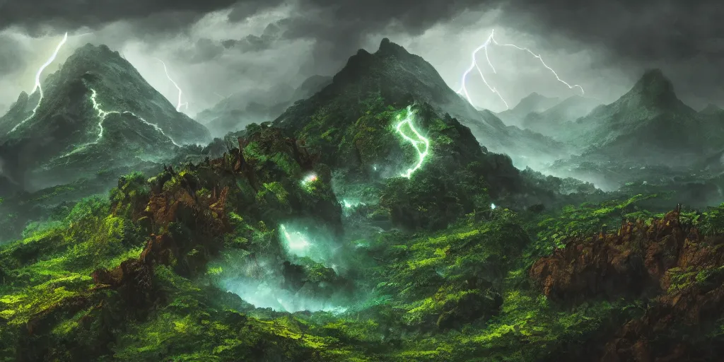 Image similar to boundary of two lands, green wild jungle vs dark mountain with lava, magic and lightning, epic, fantasy, D&D, intricate, epic landscape, highly detailed, sharp focus, cinematic lighting