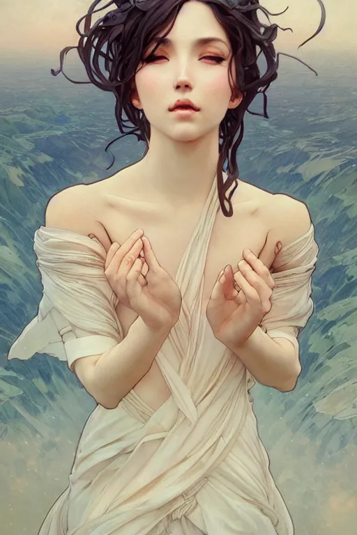 Prompt: full body melting into the wind floating seductive meditating goddess in the style of artgerm, wlop, greg rutkowski, alphonse mucha and ayami kojima, realistic details, volumetric lighting, very very very very beautiful symmetrical face, trending on artstation, artstationhd, artstationhq, unreal engine, 4 k, 8 k