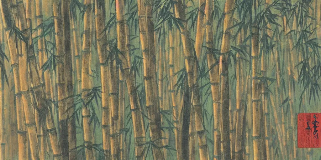 Image similar to a 1 9 6 0 s han dynasty bamboo forest landscape painting