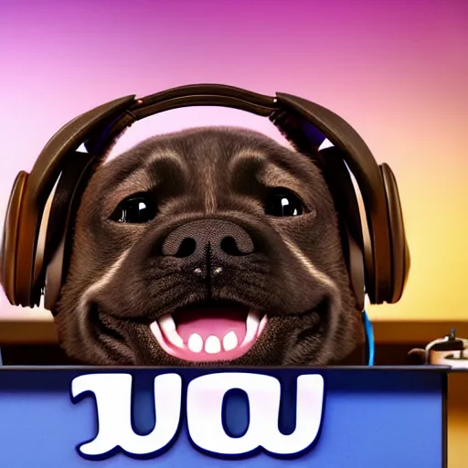 Image similar to puppy as a happy DJ, 8k, by Pixar