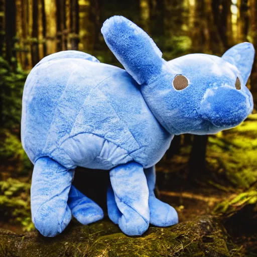 Image similar to blue'snappy gifts'plush, mascot, in magical forest, gifts, dark atmosphere, high detail, soft lighting, 8 k