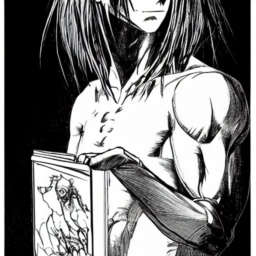 Prompt: a portrait of the cript keeper a with a book, dark fantasy, horror, tales from the crypt, ultrafine detailed pencil art on paper by frank frazetta and vito acconci and and takeshi obata, death note style, symetric body, cgsociety, sharp focus