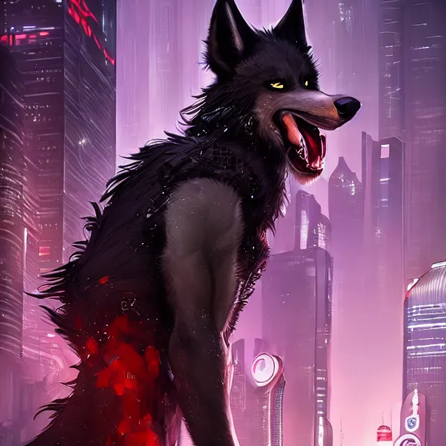 Prompt: a beautiful portrait of a handsome anthropomorphic humanoid black wolf fursona with long red hair in cyberpunk city. character design by cory loftis fenghua zhong ryohei hase isma