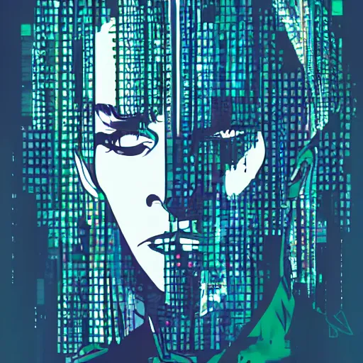 Prompt: whether tis nobler in the mind to suffer, vector graphics, cyberpunk, portrait