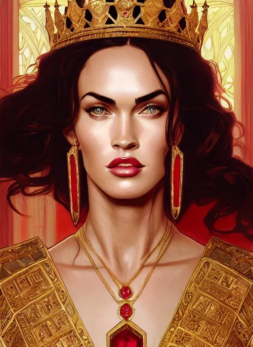 Image similar to portrait of megan fox as a queen, throne, jewelry, greek, ruby, intricate, headshot, highly detailed, digital painting, artstation, concept art, sharp focus, cinematic lighting, illustration, art by artgerm and greg rutkowski, alphonse mucha, cgsociety