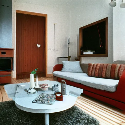 Prompt: Typical Slovenian urban living room in the year 1983, professional interior photography
