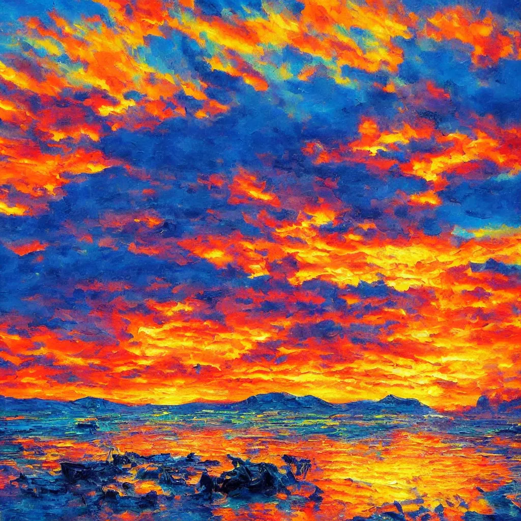 Image similar to an impasto oil painting of a stunning, colorful sunset painted by ken hong leung