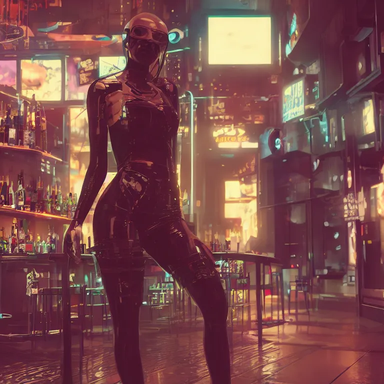 Image similar to cyberpunk woman is standing near the bar by Dylan Kowalski, photorealism, elegant woman, render, unreal engine, 3d art