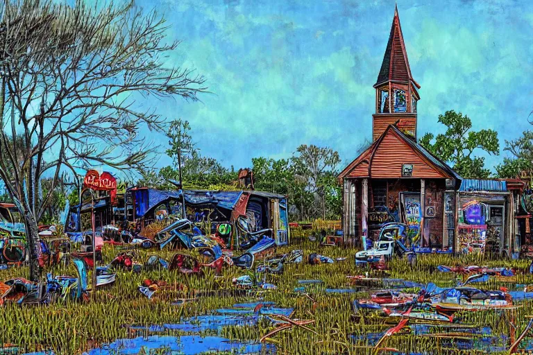 Image similar to scene fromlouisiana swamps, old protestant church with neon cross, junkyard by the road, boy scout troop, voodoo, artwork by jean giraud