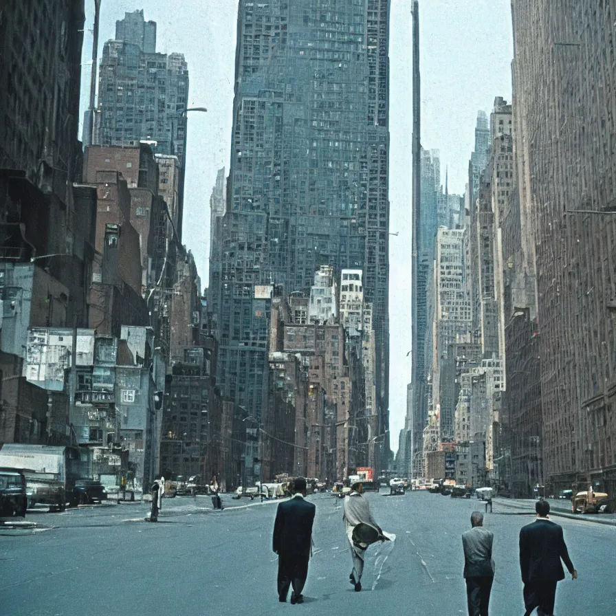 Prompt: a couple of men walking down a street next to tall buildings in new york, 1 9 6 0 s, colour film street photography, photo taken with ektachrome, featured on flickr, associated press photo