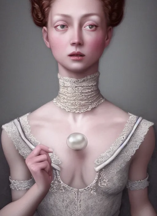 Prompt: high intricate porcelain baroque stunning woman, lace collar, string of pearls, 8 k, glitter skin very white hyperrealistic hyperdetailed pastel maria panfilova, andrea savchenko, sensual mike kime, ludovic plouffe, qi sheng luo, oliver cook, trending on artstation