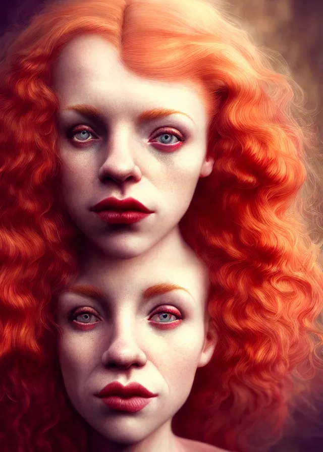 Prompt: epic portrait of stunning strawberry blonde femme fatale, hdr, 4 k,, leesha hannigan, reyna rochin, mark ryden, iris van herpen, best on artstation, cgsociety, wlop, pixiv, gorgeous, much wow, cinematic