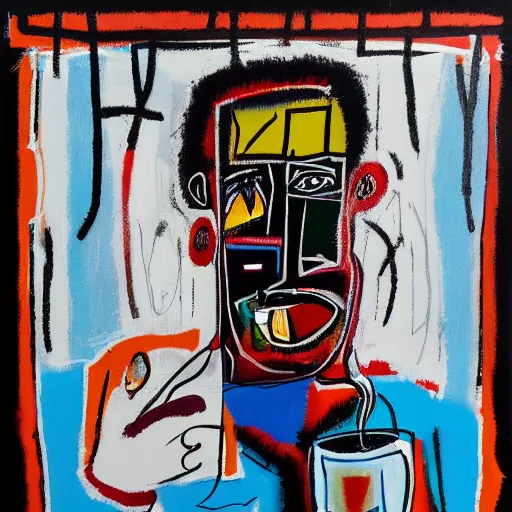 Prompt: Early morning. Sunlight is pouring through the window lighting the face of a young worried man drinking a hot cup of coffee. A new day has dawned bringing with it new hopes and aspirations. Painted in the style of Basquiat, 1984