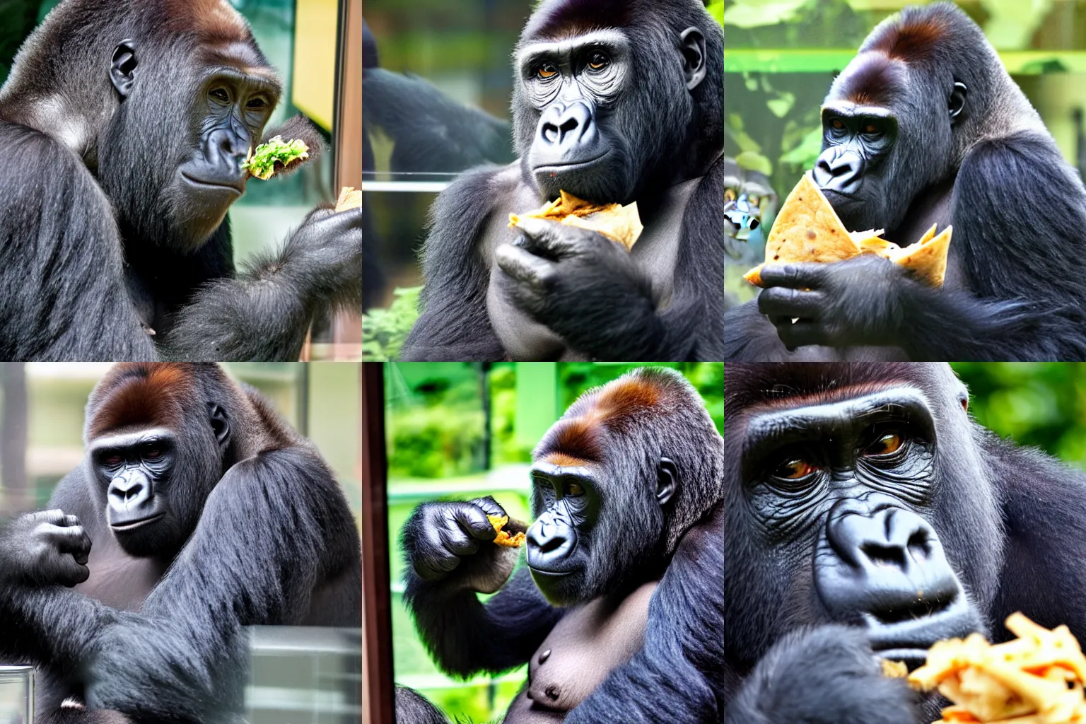 Prompt: a gorilla eating a burrito!!!!!!!! behind glass at the zoo, highly realistic, award winning photography.