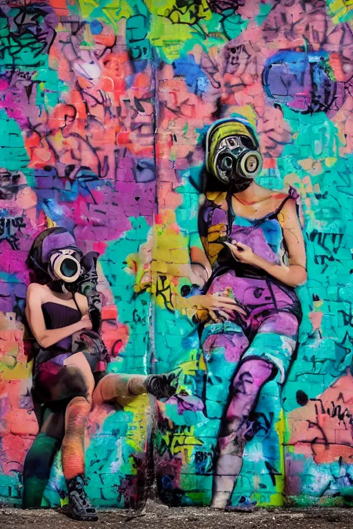 Image similar to a surreal portrait of two women wearing gas masks camouflaged into a wall of colorful graffiti in the style of brooke didonato, editorial fashion photography from vogue magazine, full shot, nikon d 8 1 0, ƒ / 2. 5, focal length : 8 5. 0 mm, exposure time : 1 / 8 0 0, iso : 2 0 0