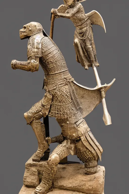 Image similar to medieval Norman, circa 1300, photo of stone statue, of a night in full armor with a sword, riding an Allosaurus, romanesque style, in museum