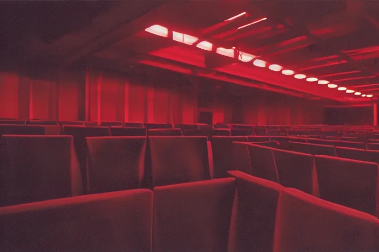 Image similar to a dark conference hall, half - full with people, atmospheric and obscure, red neon light, by roger deakins, cinematography, syd mead