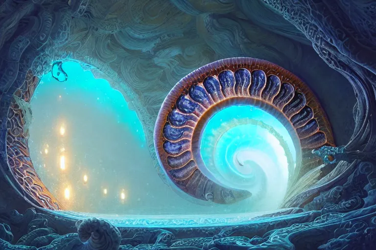 Prompt: fractalized ammonite, filigree, delicate, highly detailed, beautiful opalescent colours, unreal engine, fantasy art by greg rutkowski, rhads, ferdinand knab, makoto shinkai and lois van baarle, ilya kuvshinov, rossdraws, tom bagshaw, global illumination, radiant light,