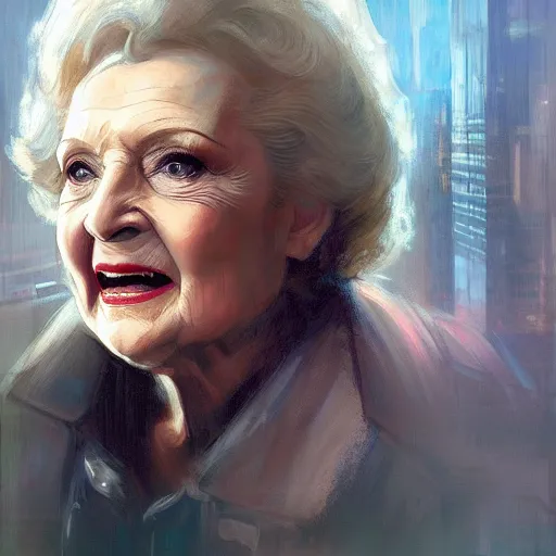 Image similar to betty white, hyperrealistic portrait, bladerunner street, art of elysium by jeremy mann and alphonse mucha, fantasy art, photo realistic, dynamic lighting, artstation, poster, volumetric lighting, very detailed face, 4 k, award winning