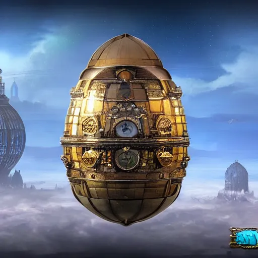 Image similar to enormous flying city in a gigantic faberge egg, sky, steampunk, fantasy art, unreal engine,