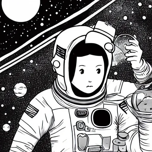 Image similar to an astronaut drinking bubble tea in space, manga style, black and white