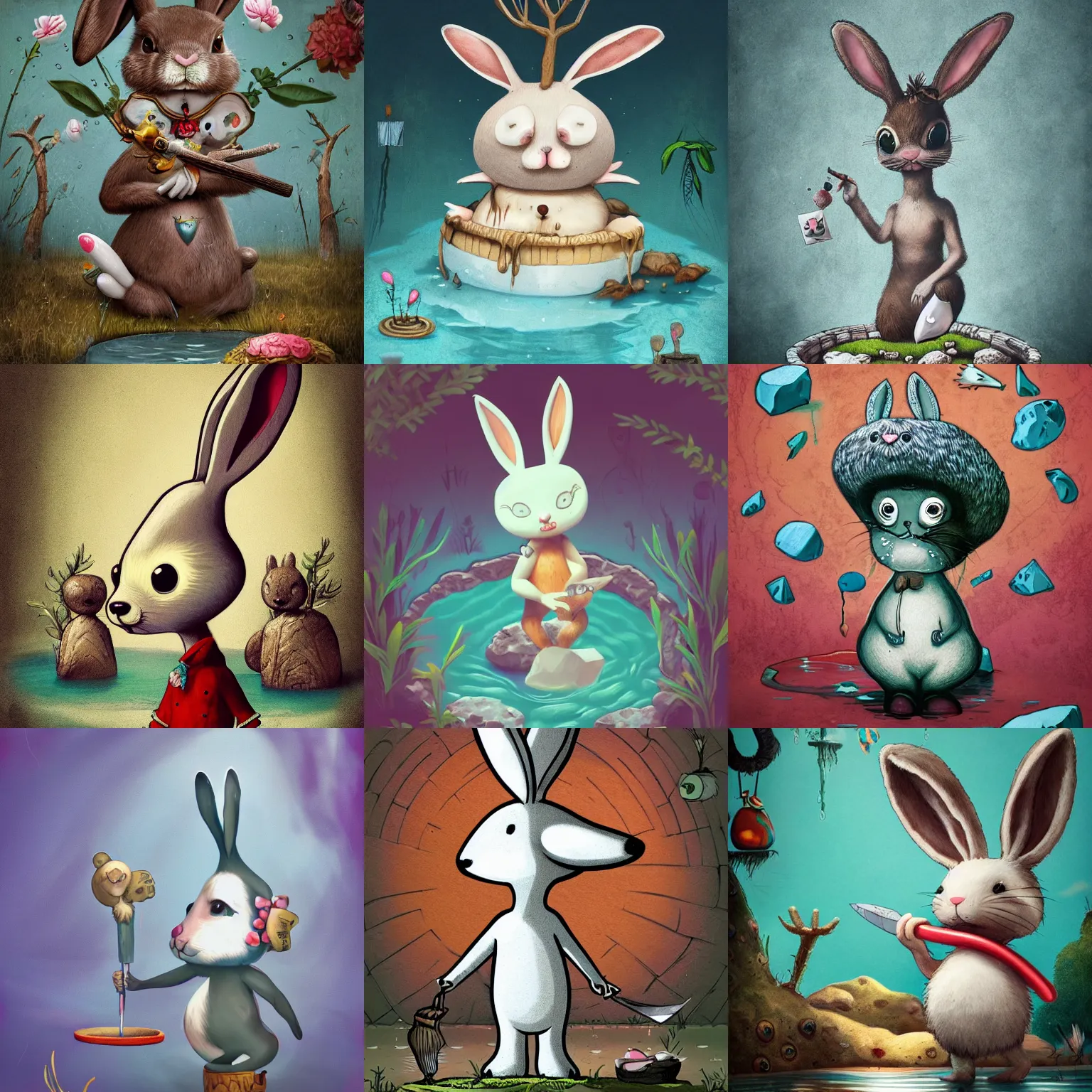 Prompt: a cute bunny rabbit standing in a pool of water, holding a flint knife, character concept art, intricate highly detailed 8 k, artstation, surreal portrait photography, gary baseman, genevieve gauckler, juxtapoz magazine illustration aesthetic