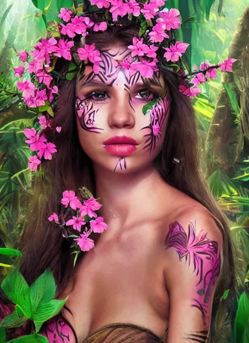 Image similar to a beautiful portrait of a beautiful woman in the jungle surrounded by pink flowers, tribal face paintings, matte painting, fantasy art