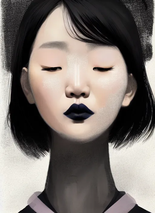 Prompt: portrait of a korean woman with a crooked nose and a confident expression, 1 9 6 0 s, black clothes, goth, punk, brightly coloured hair, funk, intricate, elegant, highly detailed, digital painting, artstation, concept art, smooth, sharp focus, illustration, art by wlop, mars ravelo and greg rutkowski