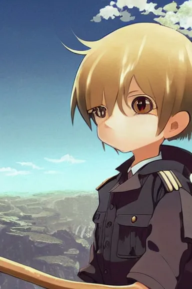 Image similar to beautiful little boy in nazi male uniform posing with an whip. made in abyss art style, sharps focus, cute detailed artwork, anatomically correct, ilya kuvshinov, reflection, perfect composition, wallpaper mobile, digital art, detailed anime soft face, symmetrical face, western comic, illustration, realistic, smooth, lois van baarle, soft details, illumination