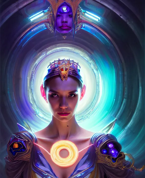 Image similar to a whirlwind of souls rushing inside the metaverse, half body, glowin eyes, tiara with sapphire, pharaoh, android, cyberpunk, d & d, fantasy, intricate, elegant, highly detailed, colorful, vivid color, digital painting, artstation, concept art, art by artgerm and greg rutkowski and alphonse mucha and ruan jia