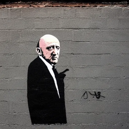 Prompt: jonathan banks, mike ehrmantraut, by banksy. graffiti