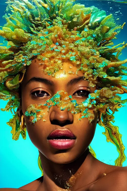 Image similar to hyperrealistic wide shot of very expressive! translucent!! african goddess, cinematic underwater scene with fish and algae, gold jewerly, highly detailed face, digital art masterpiece, eric zener cam de leon, dramatic pearlescent turquoise light on one side, low angle uhd 8 k, shallow depth of field