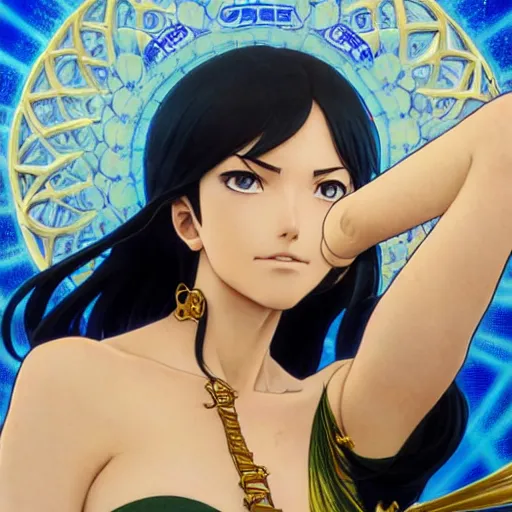 Image similar to highly detailed vfx portrait of nico robin by eiichiro oda, makoto shinkai, alphonse mucha, sharp focus, art by artgerm and greg rutkowski!, backlit, harsh overhead sunlight, blue eyes, stanley kybric, takeshi obata, kaoru mori, pixiv, fanbox,