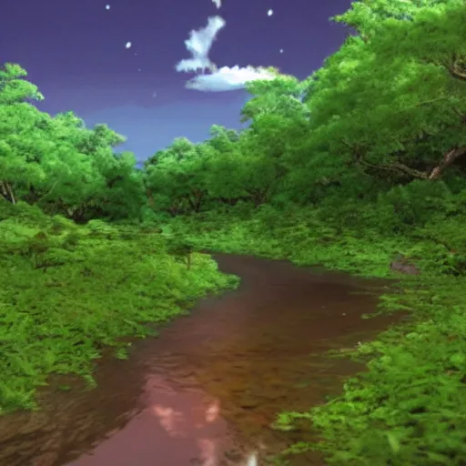 Prompt: a small river going down the forest but it is on the end of evangelion, cinematic pose, 8 k