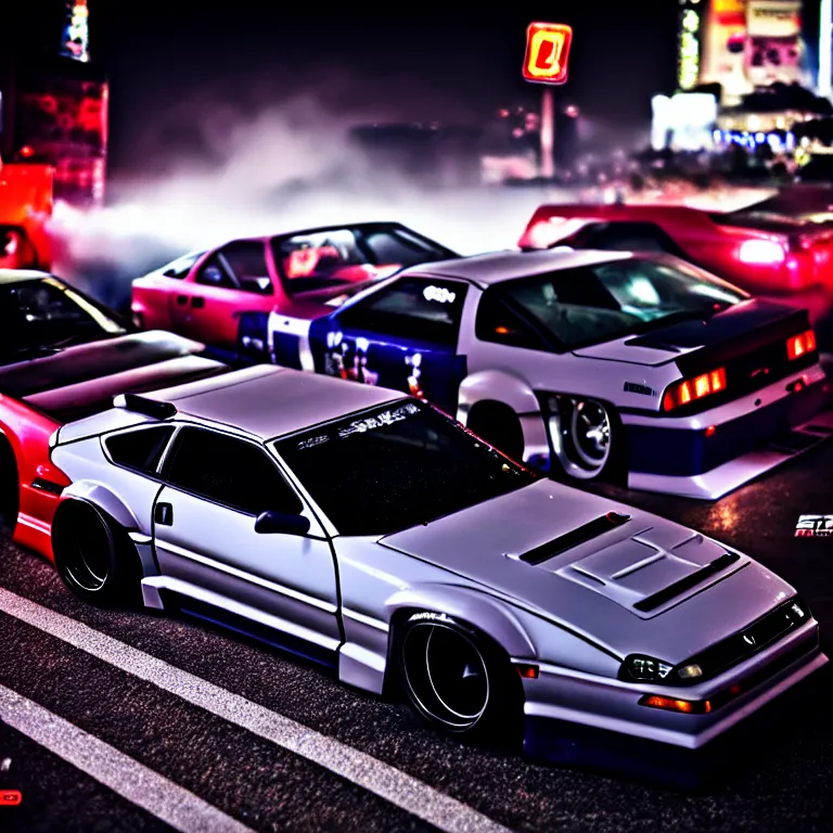 Image similar to a car 300ZX twin turbo drift at illegal car meet, Shibuya prefecture, city midnight mist lights, cinematic lighting, photorealistic, highly detailed wheels, high detail