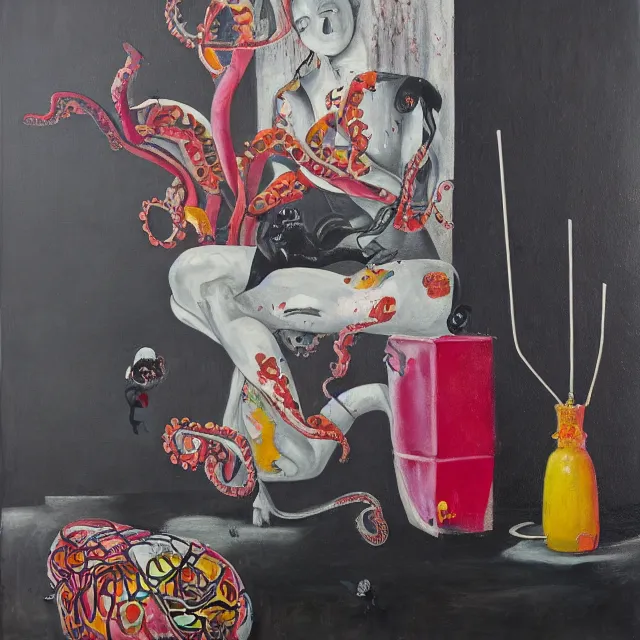 Prompt: empty room with black walls, sensual portrait of a female pathologist, broken vase of flowers and water, octopus, squashed berries, neo - expressionism, surrealism, acrylic and spray paint and oilstick on canvas